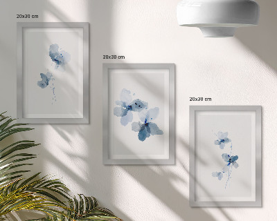 3-piece wall art set Flowers in shades of blue on a light background
