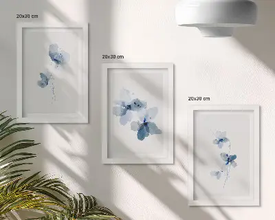 3-piece wall art set flowers in blue shades on a light background