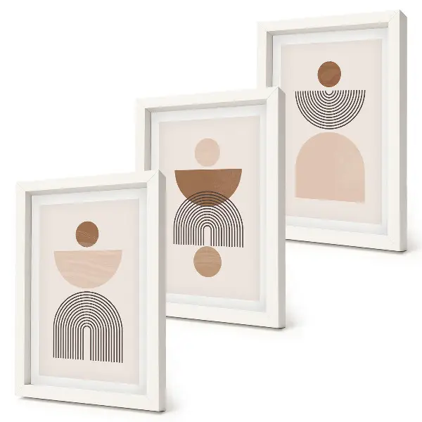 Photo frame wall with abstract shapes in shades of brown and beige