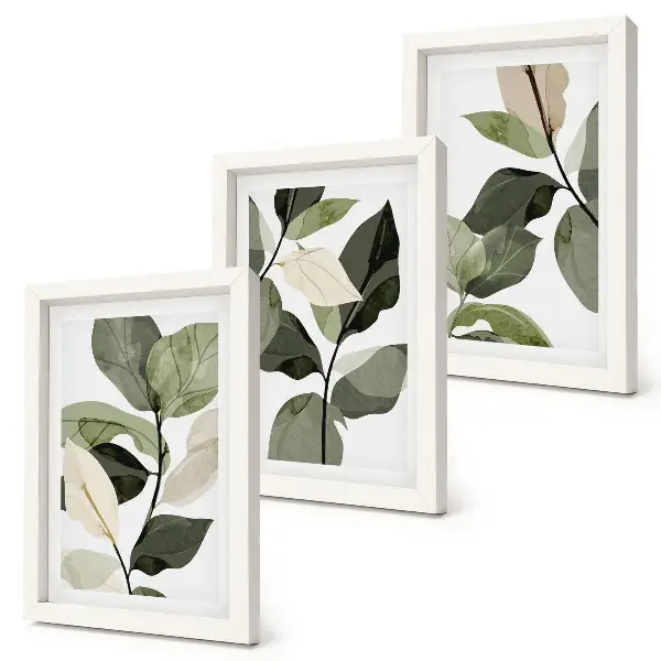 Painted delicate boho plant leaves triptych framed