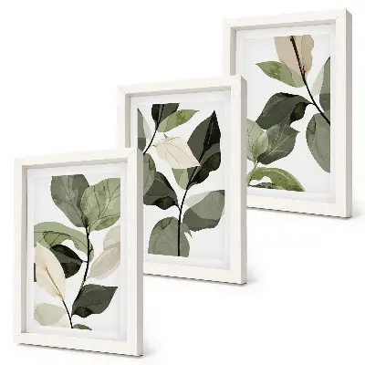 Painted delicate boho plant leaves triptych framed