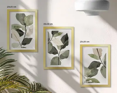 Painted delicate boho plant leaves triptych framed