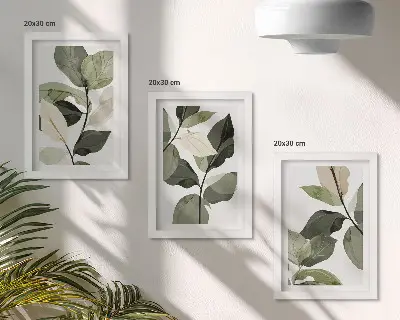 Painted delicate boho plant leaves triptych framed