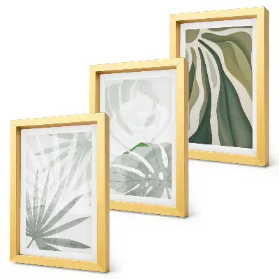 Photo frame wall with green and gray plant leaves