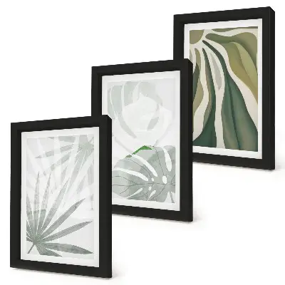 Photo frame wall with green and gray plant leaves