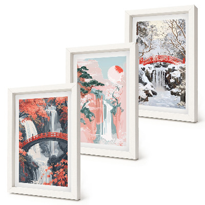 Framed triptych Waterfalls in different seasons with bridges and trees