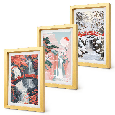 Framed triptych Waterfalls in different seasons with bridges and trees