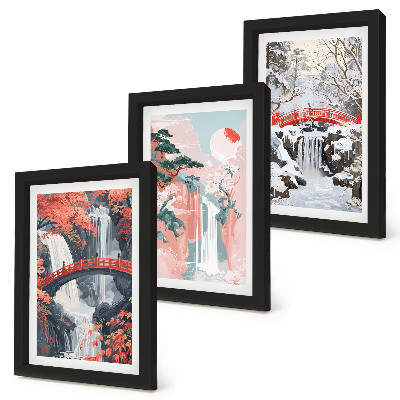 Framed triptych Waterfalls in different seasons with bridges and trees