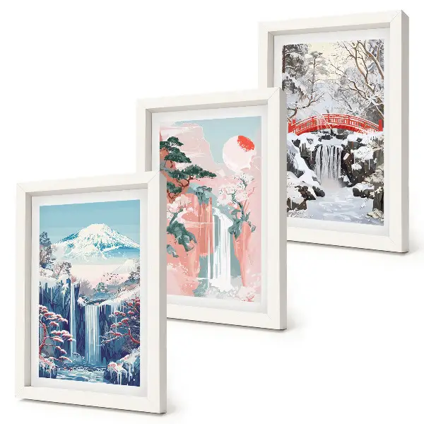 Photo frame wall gallery set featuring mountain landscapes and waterfalls in different seasons