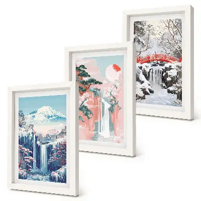 Photo frame wall gallery set featuring mountain landscapes and waterfalls in different seasons