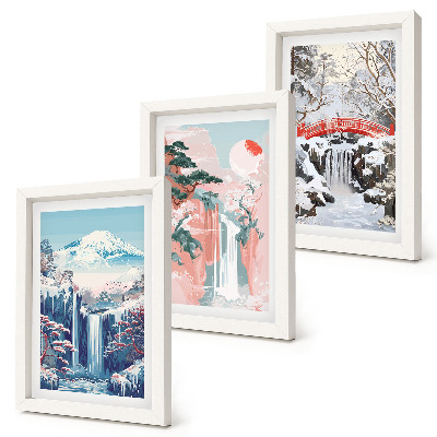 Photo frame wall Mountain landscapes and waterfalls in different seasons