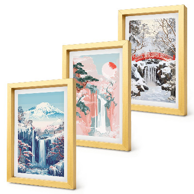 Photo frame wall Mountain landscapes and waterfalls in different seasons