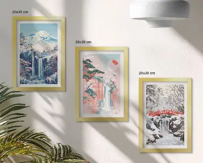 Photo frame wall gallery set featuring mountain landscapes and waterfalls in different seasons