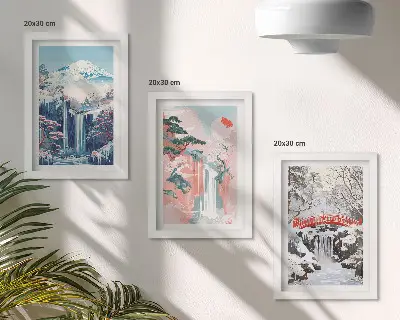 Photo frame wall gallery set featuring mountain landscapes and waterfalls in different seasons
