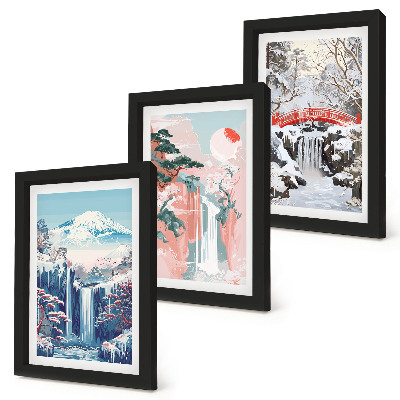Photo frame wall Mountain landscapes and waterfalls in different seasons