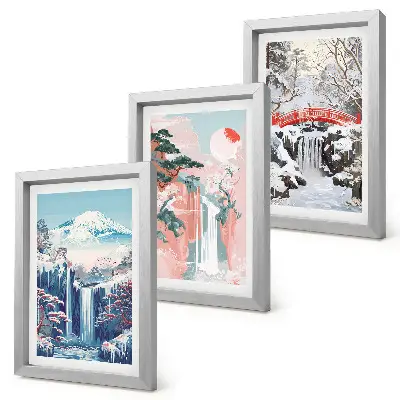 Photo frame wall gallery set featuring mountain landscapes and waterfalls in different seasons