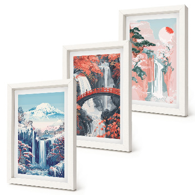 Framed triptych Waterfalls mountains with a bridge and flowering trees