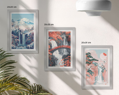 Framed triptych Waterfalls mountains with a bridge and flowering trees