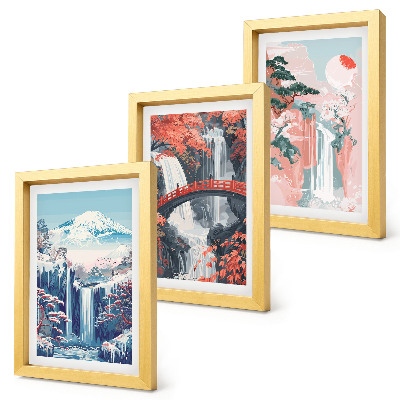 Framed triptych Waterfalls mountains with a bridge and flowering trees