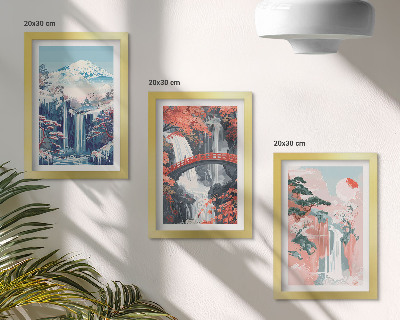 Framed triptych Waterfalls mountains with a bridge and flowering trees