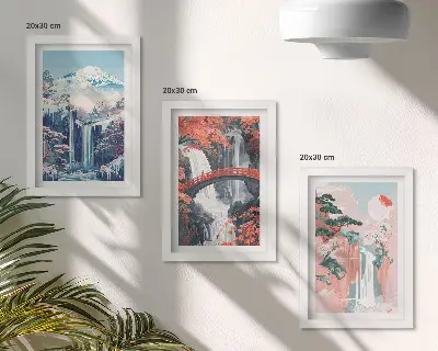 Waterfalls and mountains with a bridge and flowering trees framed triptych