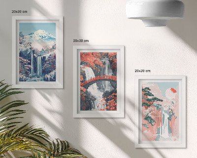 Framed triptych Waterfalls mountains with a bridge and flowering trees