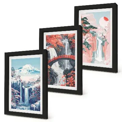 Waterfalls and mountains with a bridge and flowering trees framed triptych