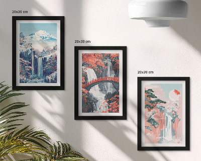 Framed triptych Waterfalls mountains with a bridge and flowering trees