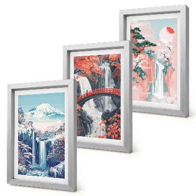 Framed triptych Waterfalls mountains with a bridge and flowering trees