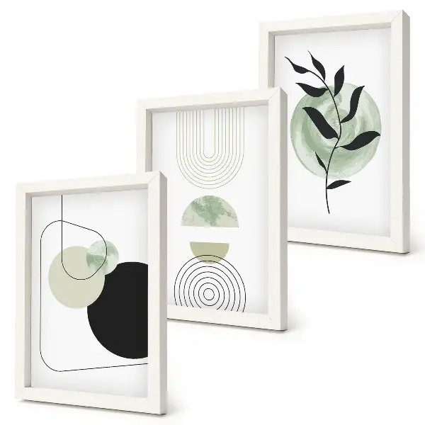 Photo frame wall with abstract shapes and plant motifs in green