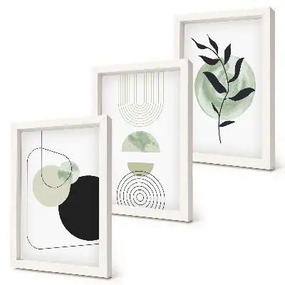 Photo frame wall with abstract shapes and plant motifs in green