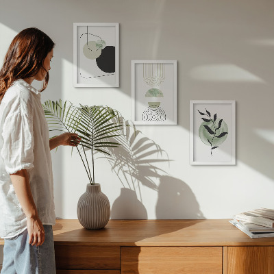 Photo frame wall Abstract shapes and plant motifs in green
