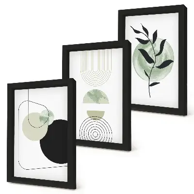 Photo frame wall with abstract shapes and plant motifs in green