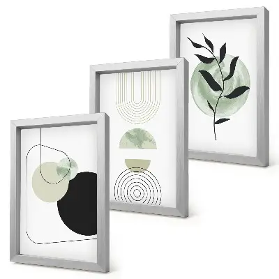 Photo frame wall with abstract shapes and plant motifs in green