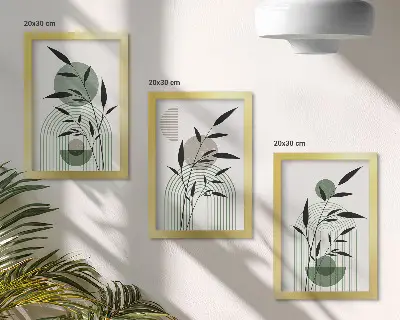 Abstract plant compositions boho style framed triptych