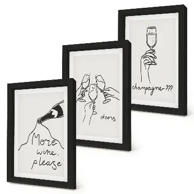 Joyful moments with wine and champagne line-art wall art set 3-piece set
