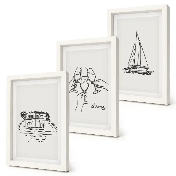 Photo frame wall featuring views of a house by the water with toast, glasses, and a sailboat