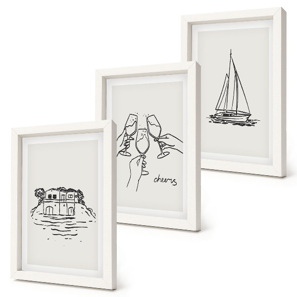 Photo frame wall Views of the house by the water, toast with glasses, sailboat
