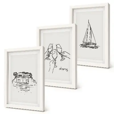 Photo frame wall featuring views of a house by the water with toast, glasses, and a sailboat