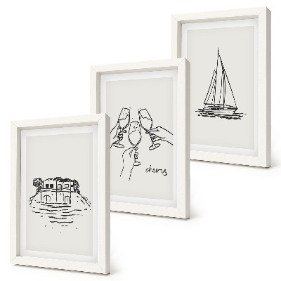 Photo frame wall Views of the house by the water, toast with glasses, sailboat