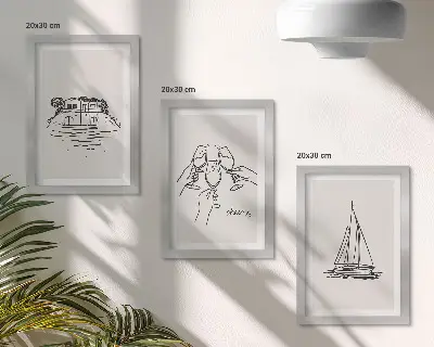 Photo frame wall featuring views of a house by the water with toast, glasses, and a sailboat