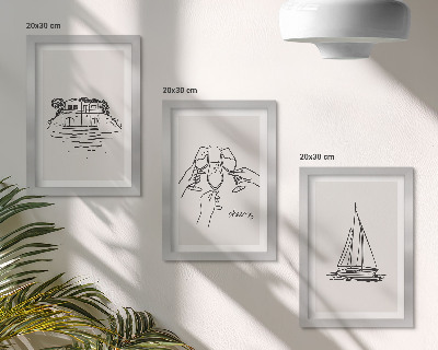 Photo frame wall Views of the house by the water, toast with glasses, sailboat