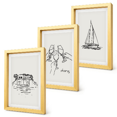 Photo frame wall Views of the house by the water, toast with glasses, sailboat