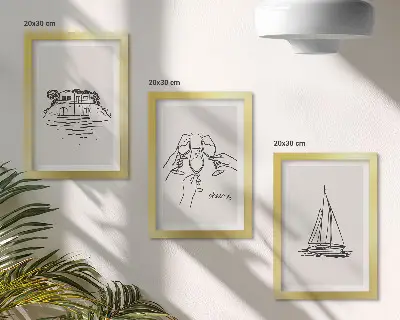 Photo frame wall featuring views of a house by the water with toast, glasses, and a sailboat