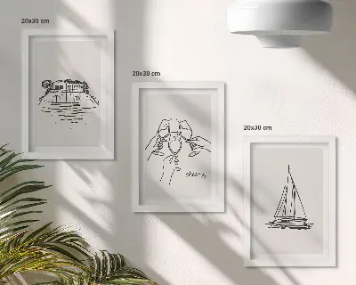 Photo frame wall featuring views of a house by the water with toast, glasses, and a sailboat