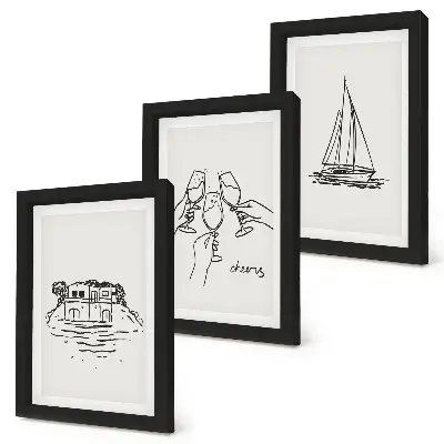 Photo frame wall featuring views of a house by the water with toast, glasses, and a sailboat