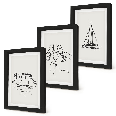 Photo frame wall Views of the house by the water, toast with glasses, sailboat