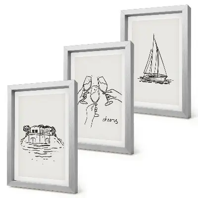 Photo frame wall featuring views of a house by the water with toast, glasses, and a sailboat