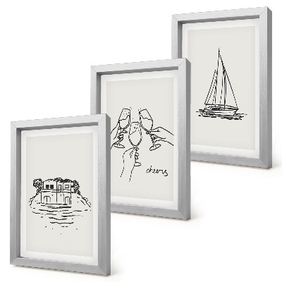 Photo frame wall Views of the house by the water, toast with glasses, sailboat