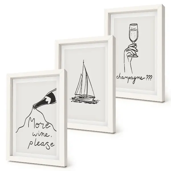 Wine sailboat champagne glass linear style framed triptych